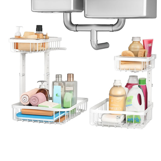 2-Tier Kitchen Under Sink Organiser Storage with Height Adjustable, Unique Slide Rail & Suction Cups for Storage