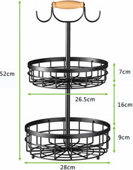 2-Tier Fruit Basket Bowl Storage with Wood Lift Handle and Dual Banana Tree Hanger for Kitchen Countertop