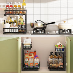 Set 2 pcs - 2-Tier Kitchen Under Sink Organiser Storage with Height Adjustable, Unique Slide Rail & Suction Cups for Storage