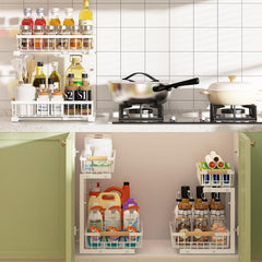 Set 2 pcs - 2-Tier Kitchen Under Sink Organiser Storage with Height Adjustable, Unique Slide Rail & Suction Cups for Storage