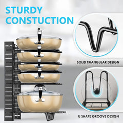 Adjustable 8-Tier Pan Rack Pot Organizer for Kitchen Cabinet