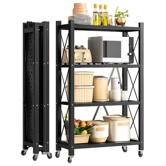 CARLA HOME 4-Tier Foldable Storage Shelf with Wheels for Kitchen, Garage, Pantry or Basement (Black)