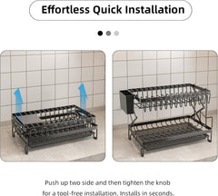 CARLA HOME 2-Tier Dish Drying Rack with Drainage Tray, Utensil Holder, Cup Hooks & Cutting Board Rack for Kitchen (Black)