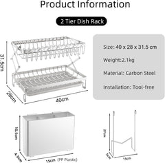 CARLA HOME 2-Tier Dish Drying Rack with Drainage Tray, Utensil Holder, Cup Hooks & Cutting Board Rack for Kitchen (White)
