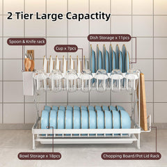 CARLA HOME 2-Tier Dish Drying Rack with Drainage Tray, Utensil Holder, Cup Hooks & Cutting Board Rack for Kitchen (White)