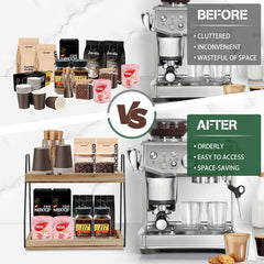 CARLA HOME 2-Tier Wooden Coffee Station Rack Organizer for Coffee Bar, Condiments, Syrups, Storage Jars & Spice Storage Shelf