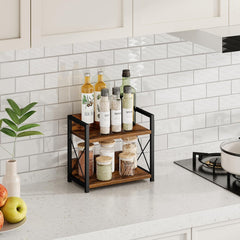 CARLA HOME 2-Tier Countertop Shelf Organizer Rustic Wood Kitchen Spice Rack for Storage, Condiments & Cabinet Organization