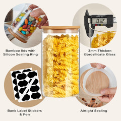 CARLA HOME 6 Pack Glass Storage Jars with Bamboo Lids for Kitchen Pantry, Pasta, Snacks, Cookies, Candy & More