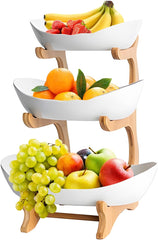 CARLA HOME 3-Tier Plastic Fruit Bowl Basket with Bamboo Stand for Kitchen Counter, Snack Tray, Dessert Server & Vegetable Storage Rack