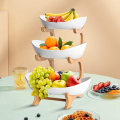 CARLA HOME 3-Tier Plastic Fruit Bowl Basket with Bamboo Stand for Kitchen Counter, Snack Tray, Dessert Server & Vegetable Storage Rack