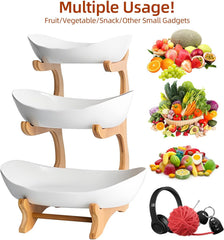 CARLA HOME 3-Tier Plastic Fruit Bowl Basket with Bamboo Stand for Kitchen Counter, Snack Tray, Dessert Server & Vegetable Storage Rack