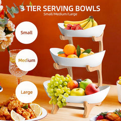 CARLA HOME 3-Tier Plastic Fruit Bowl Basket with Bamboo Stand for Kitchen Counter, Snack Tray, Dessert Server & Vegetable Storage Rack