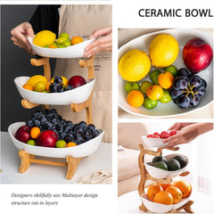 CARLA HOME 3-Tier Plastic Fruit Bowl Basket with Bamboo Stand for Kitchen Counter, Snack Tray, Dessert Server & Vegetable Storage Rack
