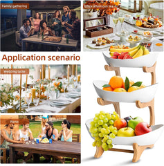CARLA HOME 3-Tier Plastic Fruit Bowl Basket with Bamboo Stand for Kitchen Counter, Snack Tray, Dessert Server & Vegetable Storage Rack