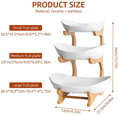CARLA HOME 3-Tier Plastic Fruit Bowl Basket with Bamboo Stand for Kitchen Counter, Snack Tray, Dessert Server & Vegetable Storage Rack