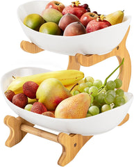 CARLA HOME 2-Tier Plastic Fruit Bowl Basket with Bamboo Stand for Kitchen Counter, Snack Tray, Dessert Server & Vegetable Storage Rack
