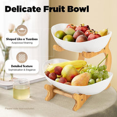 CARLA HOME 2-Tier Plastic Fruit Bowl Basket with Bamboo Stand for Kitchen Counter, Snack Tray, Dessert Server & Vegetable Storage Rack