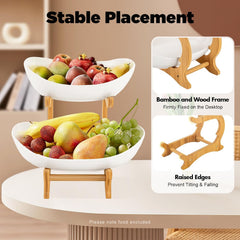 CARLA HOME 2-Tier Plastic Fruit Bowl Basket with Bamboo Stand for Kitchen Counter, Snack Tray, Dessert Server & Vegetable Storage Rack