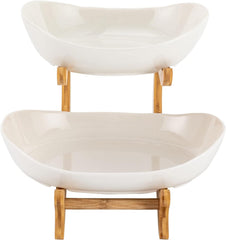 CARLA HOME 2-Tier Plastic Fruit Bowl Basket with Bamboo Stand for Kitchen Counter, Snack Tray, Dessert Server & Vegetable Storage Rack