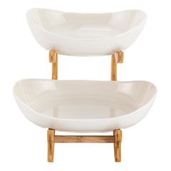 CARLA HOME 2-Tier Plastic Fruit Bowl Basket with Bamboo Stand for Kitchen Counter, Snack Tray, Dessert Server & Vegetable Storage Rack