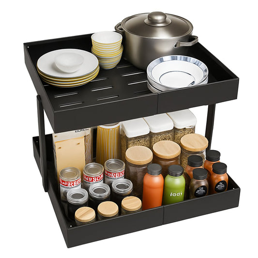 CARLA HOME 2 Pack Pull Out Cabinet Organizer Expandable for Cabinets with Adjustable Slide Out Shelves and Easy Installation (Black)