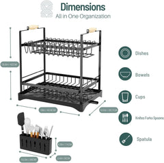 CARLA HOME 2-Tier Large Dish Drying Rack with Drainboard, Utensil Holder, Glass Hooks & Cutlery Storage (Black)