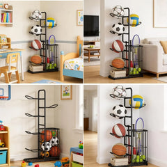 CARLA HOME 7 Tier Ball Storage Rack - Sports Organiser - Black - Basketball Storage Rack