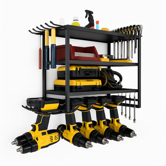 CARLA HOME 4-Tier Power Tool Rack Organizer Wall Mount with Drill Holder & Wrench Hooks for Cordless Tools & Workshop Organization