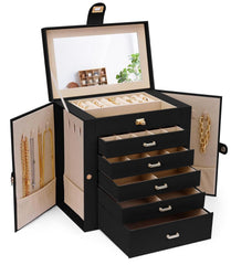 CARLA HOME 6-Layer Large Jewelry Box for Women withDrawers, Mirror, Lock, Necklace Hooks & Side Compartments for Rings, Earrings, Bracelets, Gifts (Black)
