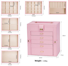 CARLA HOME 6-Layer Large Jewelry Box for Women withDrawers, Mirror, Lock, Necklace Hooks & Side Compartments for Rings, Earrings, Bracelets, Gifts (Pink)