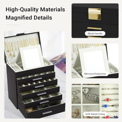 CARLA HOME 6-Layer Large Jewelry Organizer Box for Women with Mirror, Drawers, Hooks & Dividers for Rings, Necklaces, Bracelets, Ideal Gift for Women (Black)