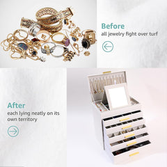 CARLA HOME 6-Layer Large Jewelry Organizer Box for Women with Mirror, Drawers, Hooks & Dividers for Rings, Necklaces, Bracelets, Ideal Gift for Women (White)