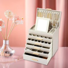 CARLA HOME 6-Layer Large Jewelry Organizer Box for Women with Mirror, Drawers, Hooks & Dividers for Rings, Necklaces, Bracelets, Ideal Gift for Women (White)