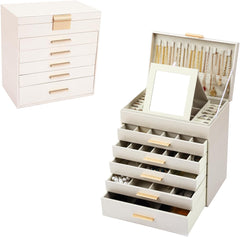CARLA HOME 6-Layer Large Jewelry Organizer Box for Women with Mirror, Drawers, Hooks & Dividers for Rings, Necklaces, Bracelets, Ideal Gift for Women (White)