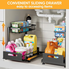 CARLA HOME 2 Tier Under Sink Organiser with Sliding Drawers for Kitchen & Bathroom