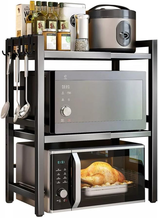 CARLA HOME 3-Tier Microwave Oven Rack with Adjustable Metal Kitchen Shelf Stand for Countertop Storage and 6 Hooks for Utensils