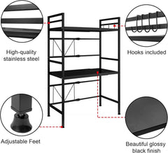CARLA HOME 3-Tier Microwave Oven Rack with Adjustable Metal Kitchen Shelf Stand for Countertop Storage and 6 Hooks for Utensils