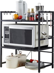CARLA HOME 3-Tier Microwave Oven Rack with Adjustable Metal Kitchen Shelf Stand for Countertop Storage and 6 Hooks for Utensils
