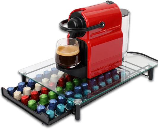 60 Coffee Pod Holder Drawer with Tempered Glass Capsule Organizer for Nespresso Pods and Sliding Drawer for Kitchen Countertop