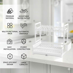 CARLA HOME Dish Drying Rack 2-Tier Kitchen Drainer with Drainboard (White)