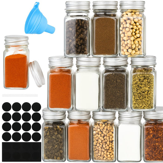 CARLA HOME 24 Glass Spice Jars with Lids, Shaker Tops, 180 Spice Labels, White Pen & Funnel for Kitchen Organization, Spice Rack, Seasoning & Herb Storage