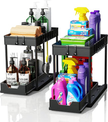 CARLA HOME 2 Pack Under Sink Organizer with Pull-Out Basket and Hooks for Bathroom & Kitchen