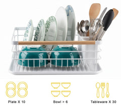 CARLA HOME Dish Drying Rack with Wooden Handles, Removable Cutlery Holder & Drainboard for Kitchen Countertop