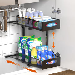 CARLA HOME 2 Tier Under Sink Organizer Pull Out Sliding Cabinet Storage Shelf with Height Adjustable for Kitchen, Bathroom or Laundry Room (Black)