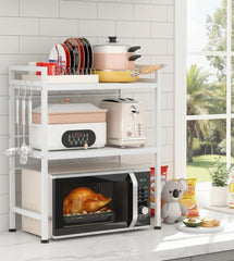 CARLA HOME 3-Tier Microwave Oven Rack with Adjustable Metal Kitchen Shelf Stand for Countertop Storage and 6 Hooks for Utensils