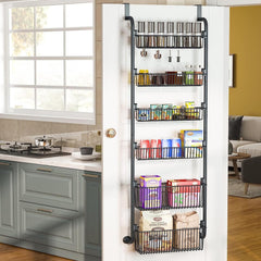CARLA HOME 6-Tier Over the Door Organizer Heavy-Duty Metal Pantry Rack with Hanging Baskets for Home Kitchen Storage & Bathroom Door Organization (Black)