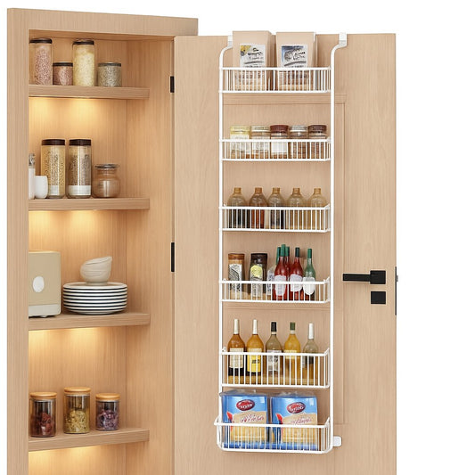 CARLA HOME 6-Tier Over the Door Organizer Heavy-Duty Metal Pantry Rack with Hanging Baskets for Home Kitchen Storage & Bathroom Door Organization (White)