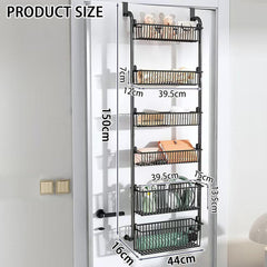 CARLA HOME 6-Tier Over the Door Organizer Heavy-Duty Metal Pantry Rack with Hanging Baskets for Home Kitchen Storage & Bathroom Door Organization (White)