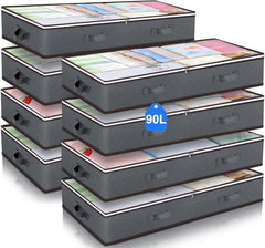 CARLA HOME 8 Pack Underbed Storage Bins with 90L Large Capacity Storage Containers for Comforters, Linen, Pillows, Toys, Towels, Blankets