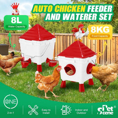 CARLA HOME Chicken Feeder Waterer Set, Automatic Gravity Dispenser with 8KG Food & 8L Water Capacity, 4 Ports & Cups, Clean Poultry Feeding for Coop, Duck, Quail, Hen